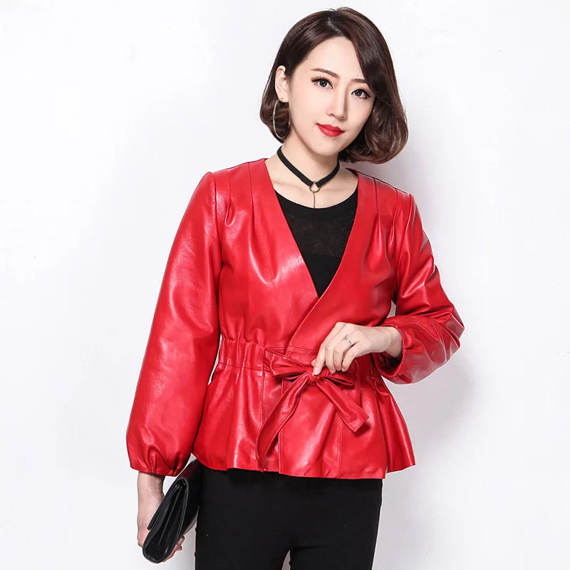 Leather Jacket Women Sheepskin Coat Autumn 2018 Vintage Red Black Jacket Women Plus Size Female Jacket Genuine Leather Jacket Coats