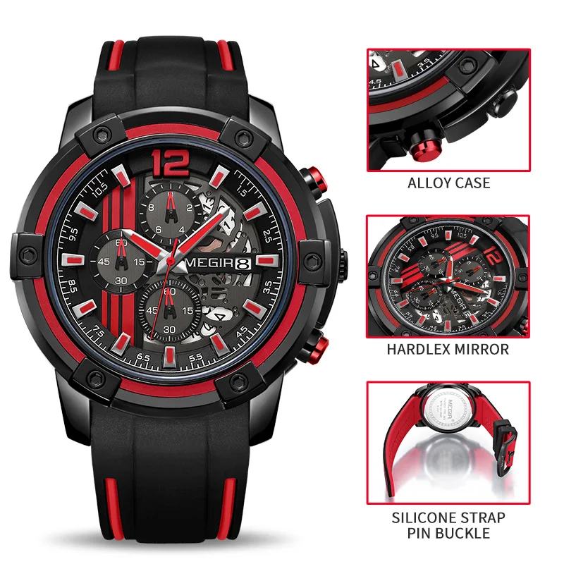 

MEGIR Chronograph Mens Sport Watches with Silicone Band Big Dial Military Quartz Watch Men Clock Relogio Masculino Reloj Hombre