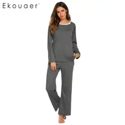 Ekouaer женский осенне-зимний пижамный комплект, теплая Пижама, Женская домашняя одежда, повседневная однотонная Пижама с круглым вырезом и