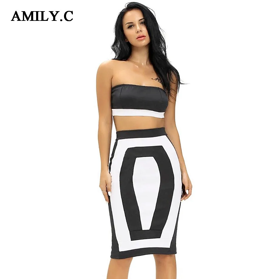 

Amily.c 2018 New Summer Women Bandage Dress Strapless Sexy Bodycon Geometric Dress 2 Piece Celebrity Party Black Dresses Vestido