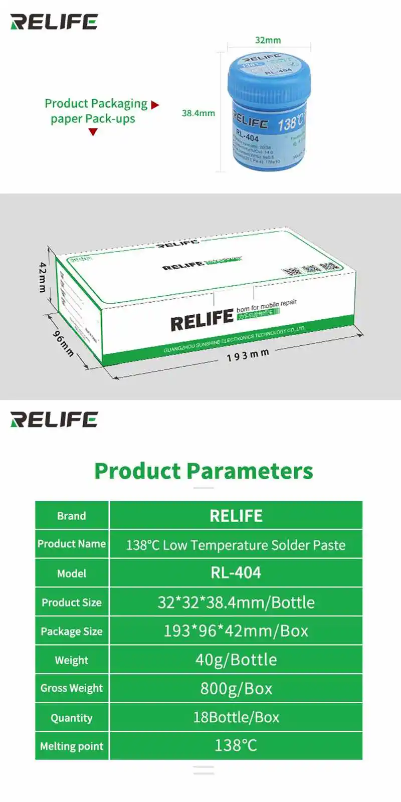 RELIFE RL-404 Бессвинцовая низкая температура 138℃ паяльная паста пайка оловянный крем сварочные флюсы для PCB BGA/SMD сварочные ФЛЮСЫ