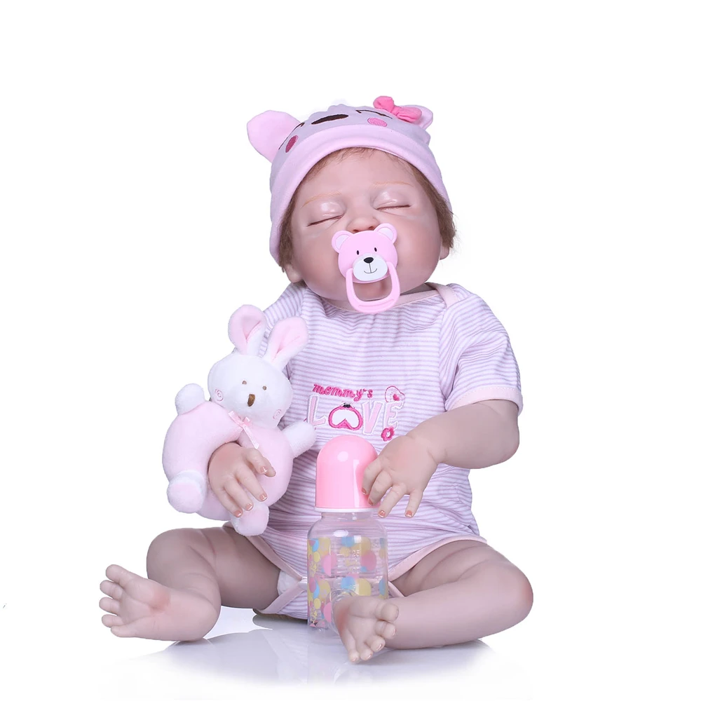 

NPK dolls 55cm full silicone reborn baby dolls real baby girl doll with pink sleeping bag rattle Bebes reborn menina boneca