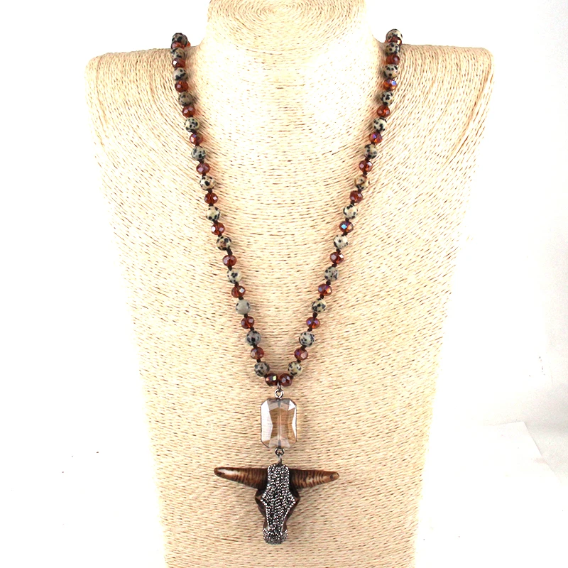 Мода камень/Стекло длинной завязанный Прямоугольник Кристалл Ссылка ожерелье с подвеской в форме рога Для женщин ожерелья-лассо