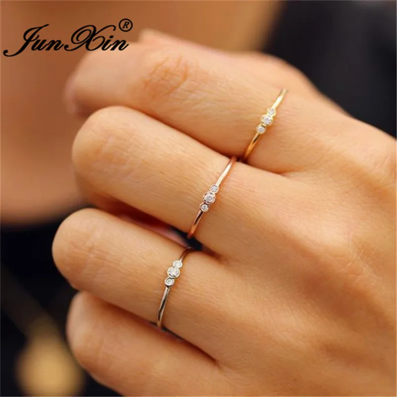 JUNXIN Stacking Female Thin Ring With Stone 925 Silver Rose Gold Filled Dainty Wedding Rings For Women White Zircon Midi Ring CZ