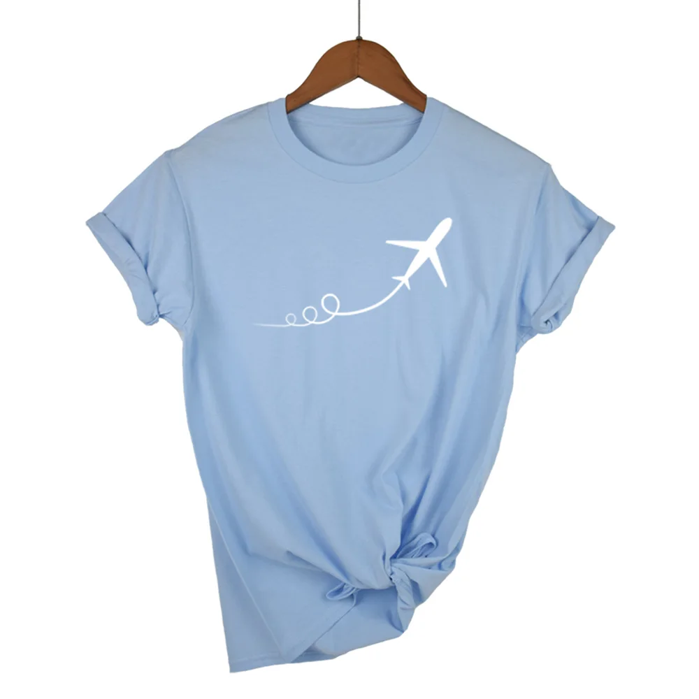 Новинка, женская футболка с принтом самолета, хлопковая Повседневная забавная футболка для девушек, топ, хипстер, Tumblr, Прямая поставка - Цвет: Light Blue-W