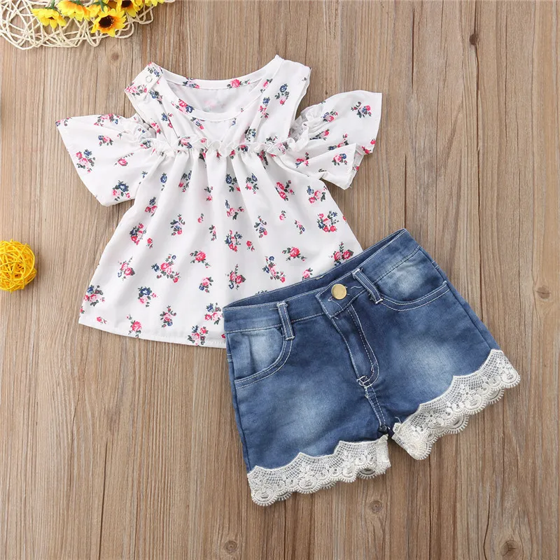 

Kids Summer Off Shoulder Floral T-shirt Denim Shorts Lace Girls Clothing Cute Cotton Outfit 2PCs Toddler Baby Girl Clothes Set