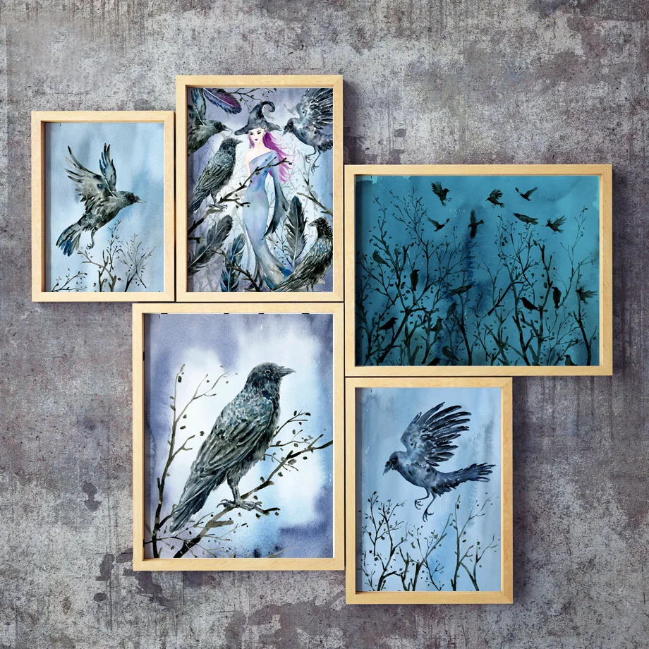 

Gothic Witch Crow Forest Landscape Nordic Posters And Prints Wall Art Canvas Painting Wall Pictures For Living Room Home Decor