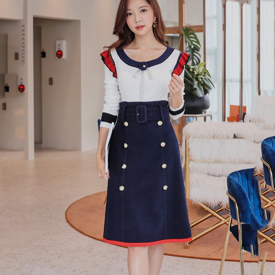 Оригинал 2018 бренд falda Большие размеры корейский темно-синий двубортный до колен modis на осень-зиму миди юбка женская обувь оптом