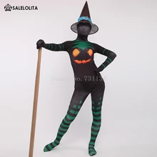 Хэллоуин сексуальная черная ведьма зентай костюм Тыква Печать лайкра костюм из спандекса Косплей