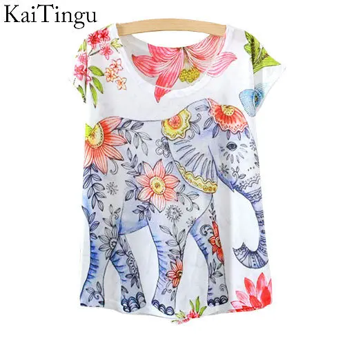 

KaiTingu 2015 New Fashion Vintage Spring Summer T Shirt Women Tops Print T-shirt Elephant Printed White Woman Clothes