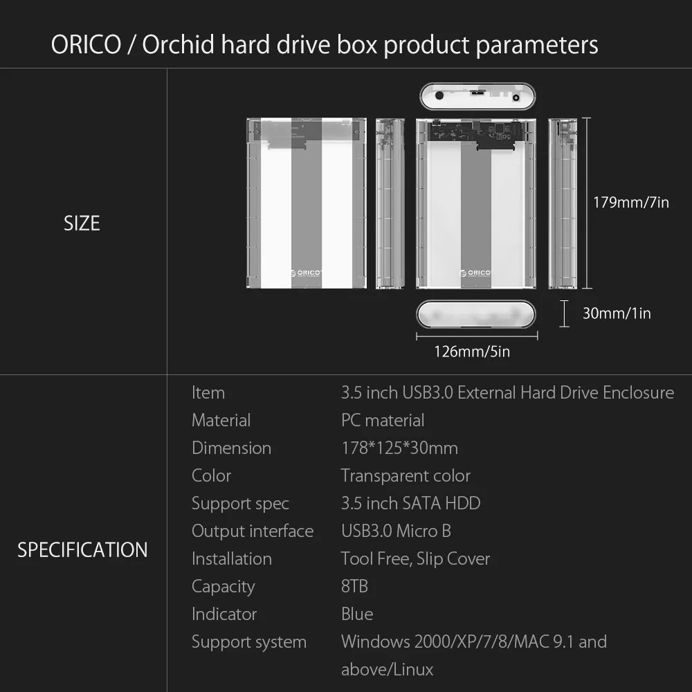 Чехол ORICO HDD 3,5 USB3.0 для SATA3.0, корпус жесткого диска для 2,5 3,5 HDD SSD Box, HD внешний адаптер, поддержка UASP 8 ТБ