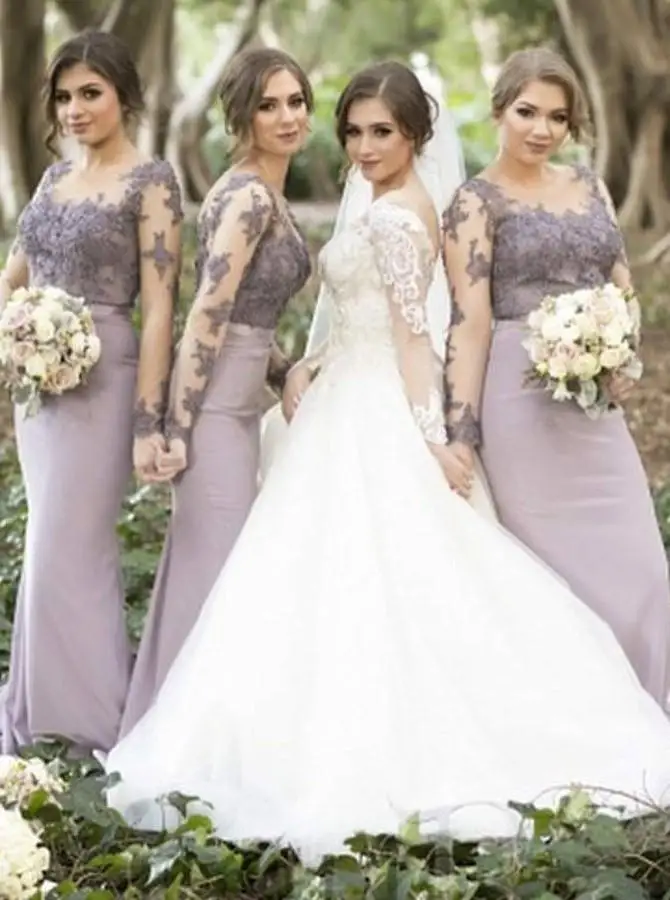US $69.30 Lilac Long Sleeves Cheap Bridesmaid Dresses Illusion Under Mermaid Appliques Beaded Long Wedding Party Dresses