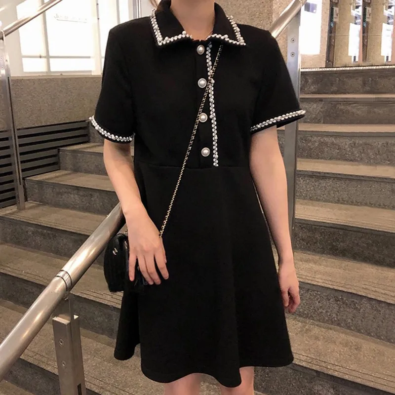 

Polo Collar Mini Dress Bodycon Casual Summer Lady T Shirt Dress Vestidos Robe New French Platycodon Polo Neck Knitted Dress