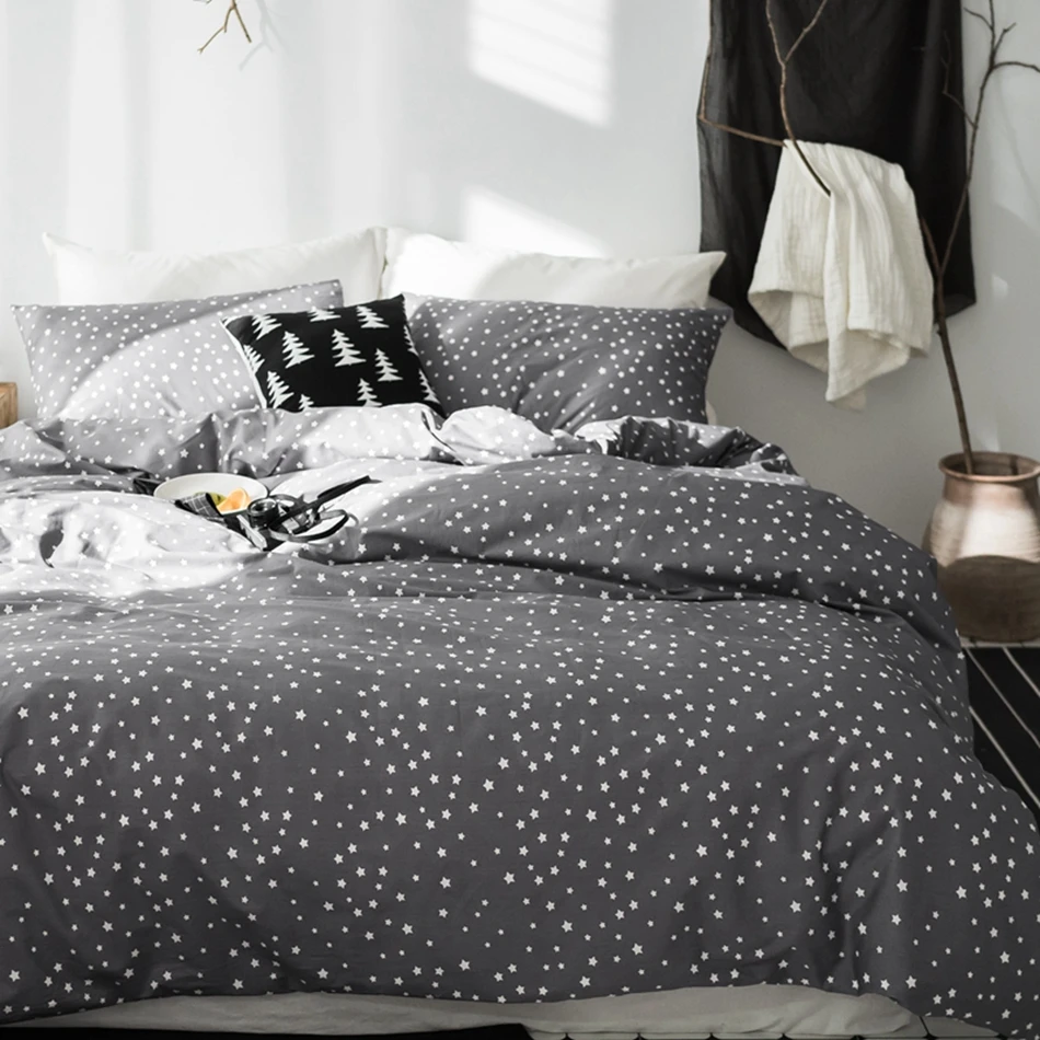 Dark Grey Stars Printed Duvet Cover Set Twin Queen King Size Bedding Sets Stripes Bed Sheet 