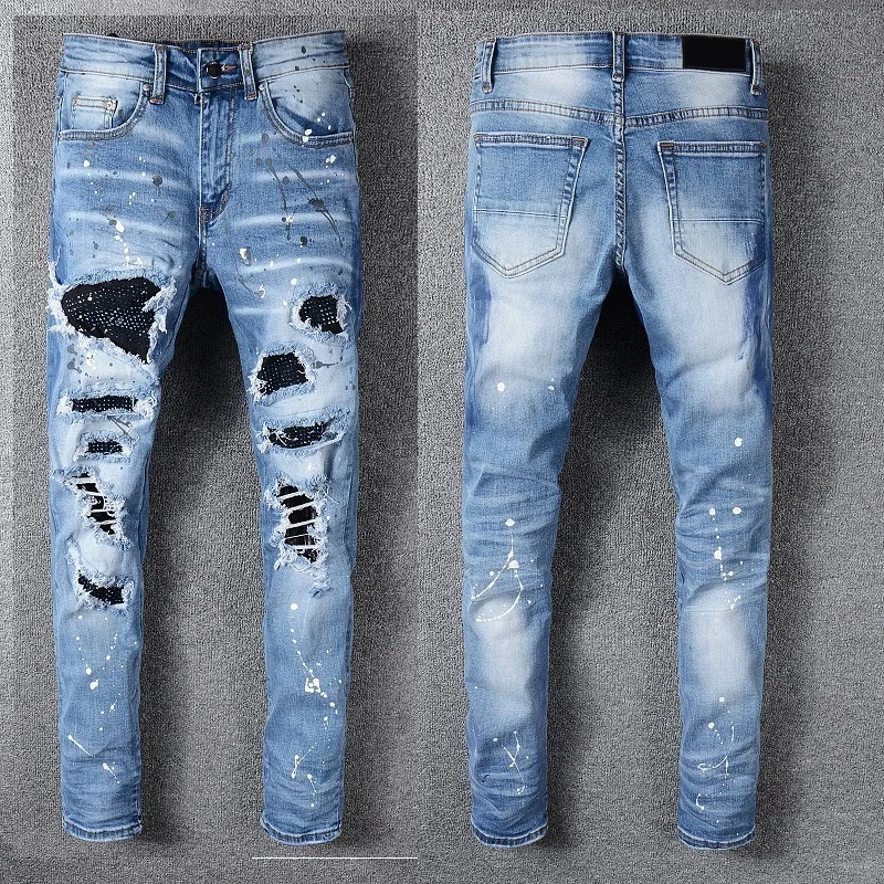 

New Italy Style #563# Men's Distressed Destroyed Oiled Pants Blue Crystals Patches Blue Skinny Jeans Slim Trousers Size 28-42