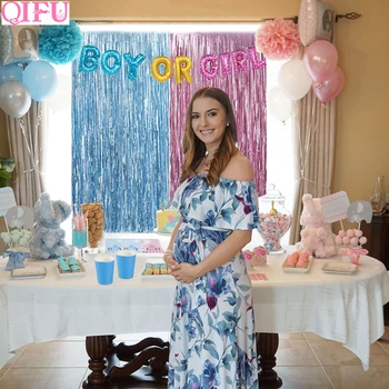 

QIFU 68pcs Gender Reveal Set Boy Or Girl Balloon Rain Curtain Plate Cup Tablecloth Birthday Party Decorations Kids Babyshower