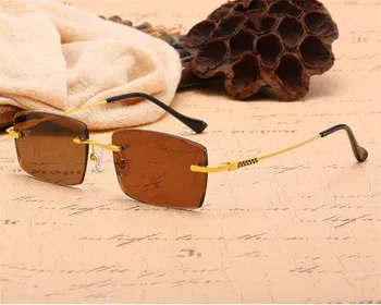 

MONGOTEN Business Men Design Rimless Natural Crystal Stone Lens Sunglasses Frame Goggle Gold UV400 Driving Sunglasses Eyewear