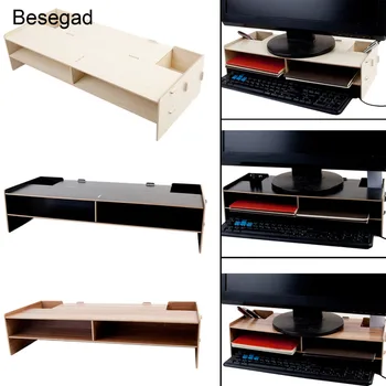 

Besegad Decorative Wood Desktop Monitor Stand Riser Holder Over Keyboard Desk Organizer Storage Box Case for Computer Laptop TV