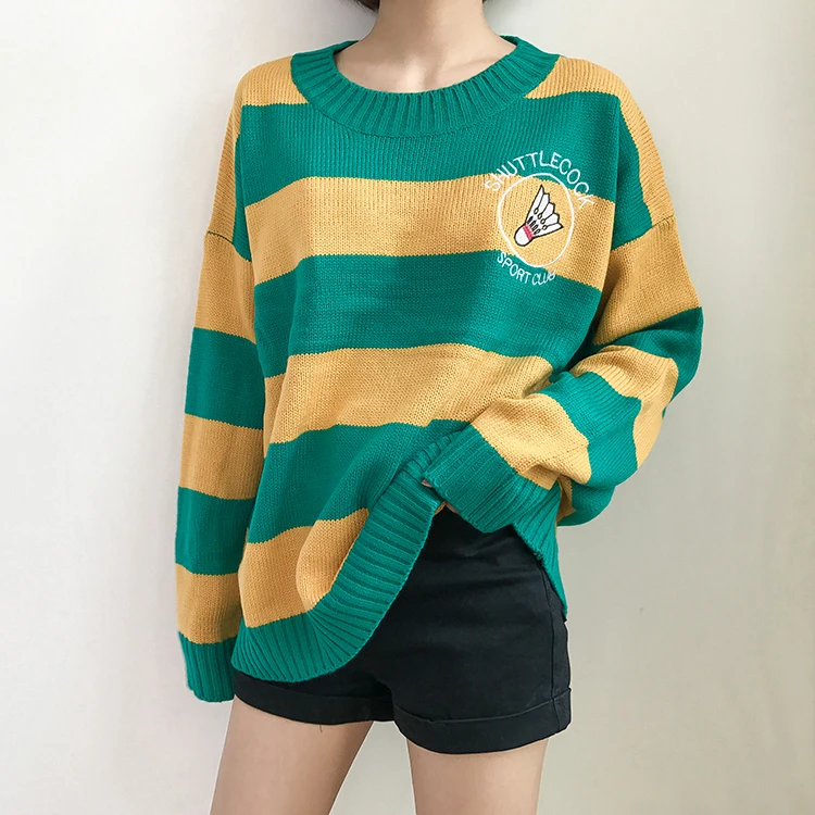Women'S Sweaters Korean Harajuku Ulzzang Striped Cartoon Racket Loose Sweater Pullover Female Punk Clothing For Women
