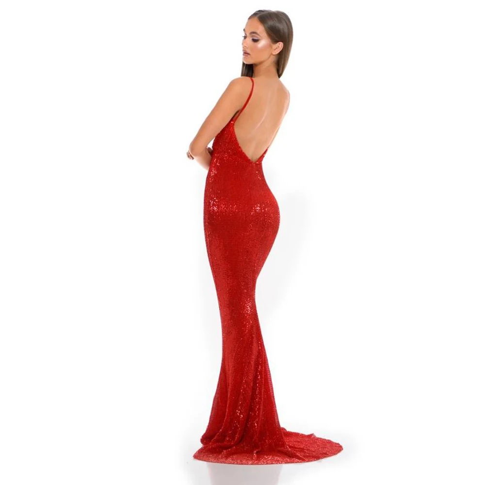 Sexy Red Sequined Evening Maxi Dress Backless Deep V Neck Wedding