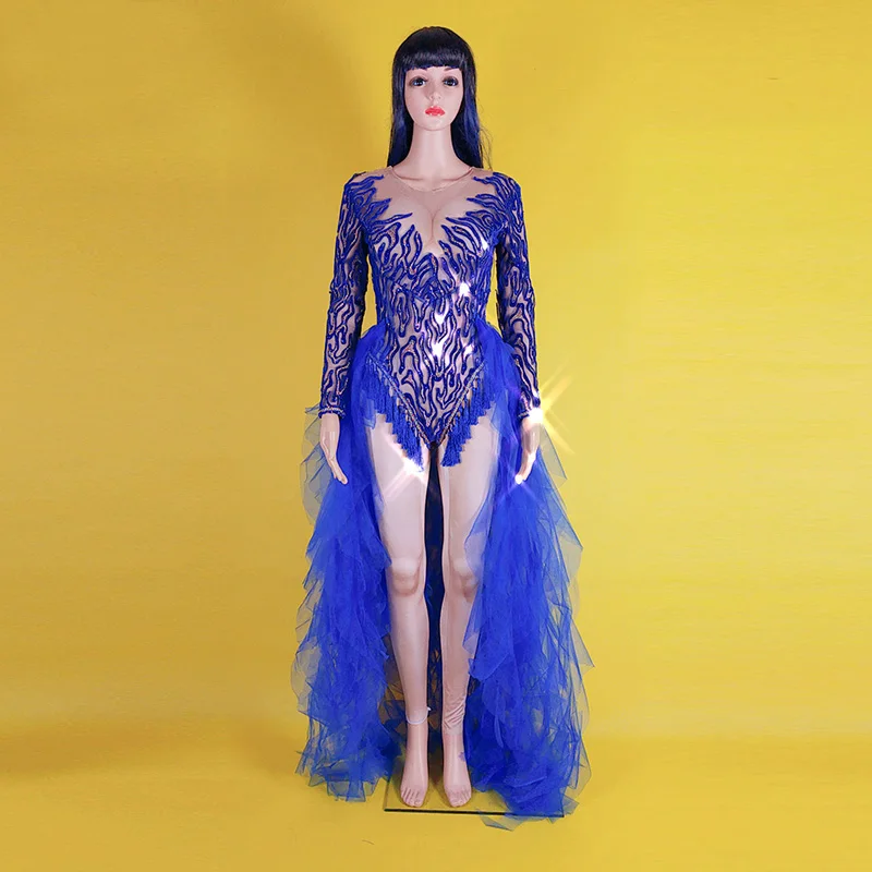 Женский комбинезон со стразами пикантный кружевной с хвостовой вставкой для