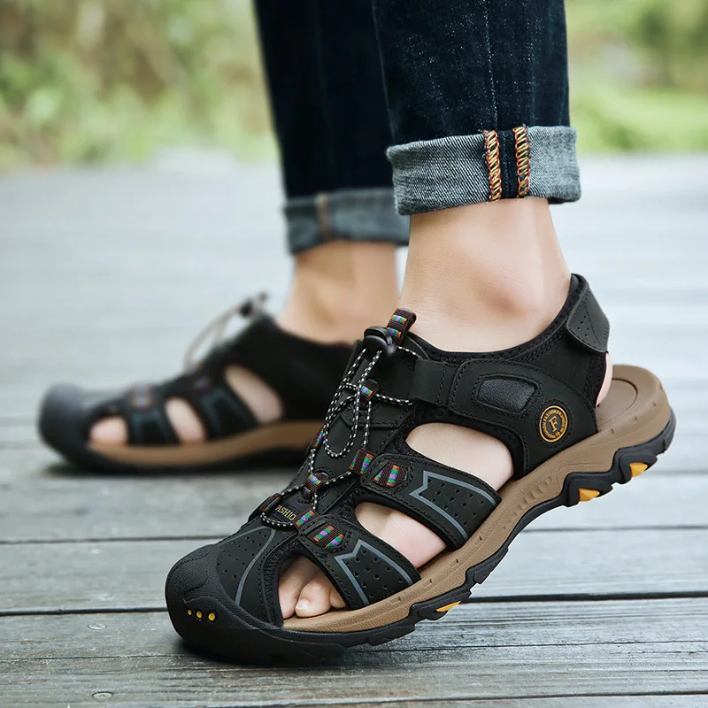 Летние сандалии; Мужская обувь из натуральной кожи; пляжные повседневные мужские сандалии; дышащая удобная мужская обувь черного цвета