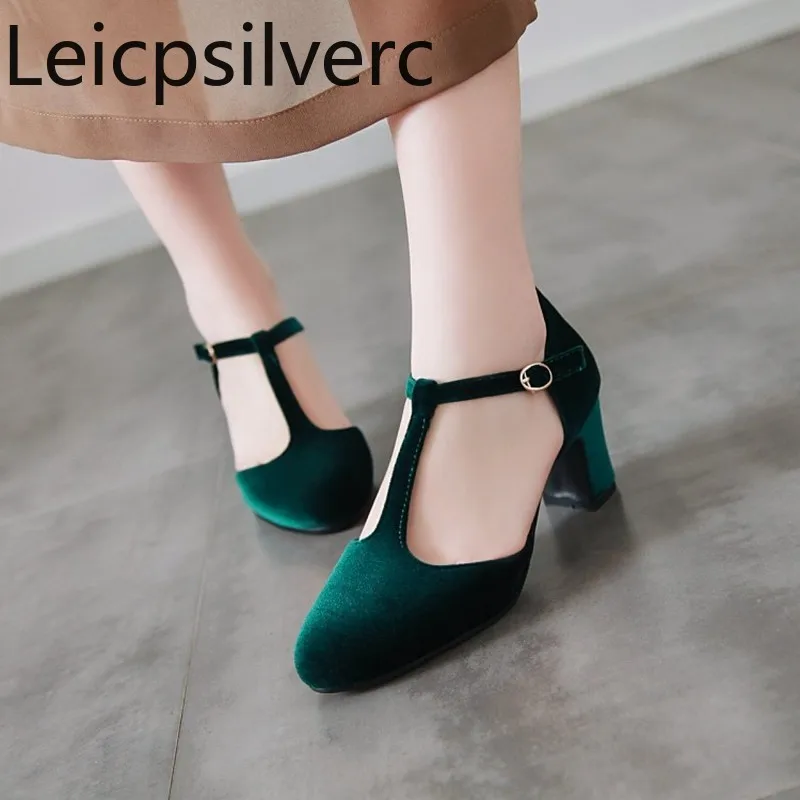 

Pumps Spring and autumn new style Flock Round head Buckle Thick heel mid heel Women's shoe plus size 34-46