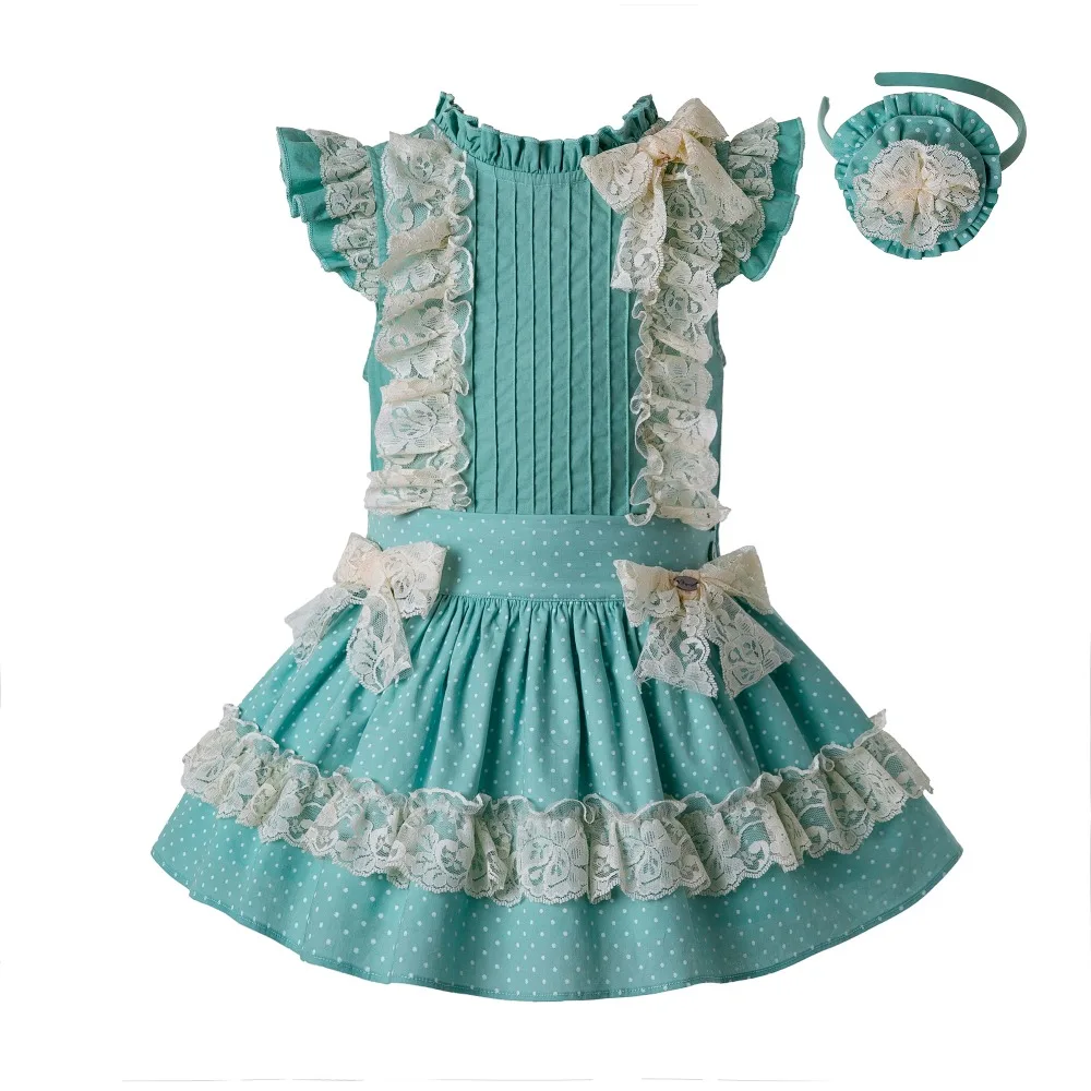 

Pettigirl Summer Mint Green Girls Party Dot Clothes Set Round Collar Flower Cotton Shirt +Lace Skirt And Headwear G-DMCS201-C138