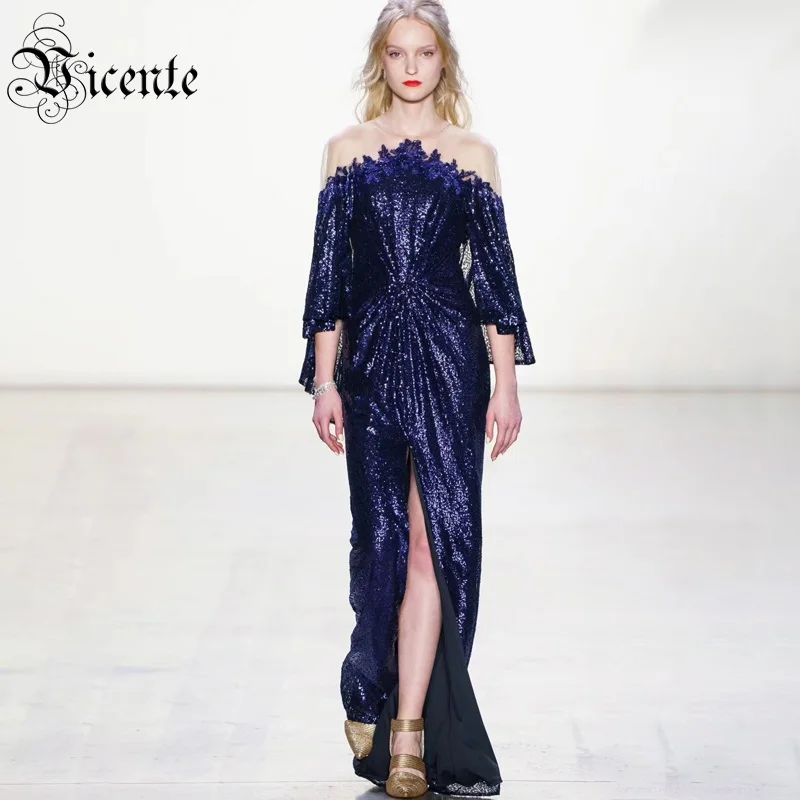 2020 New Chic Elegant Appliques Sheer Mesh Splicing Purple Sequins Design Half Sleeves O Neck Celebrity Party Long Dress | Женская