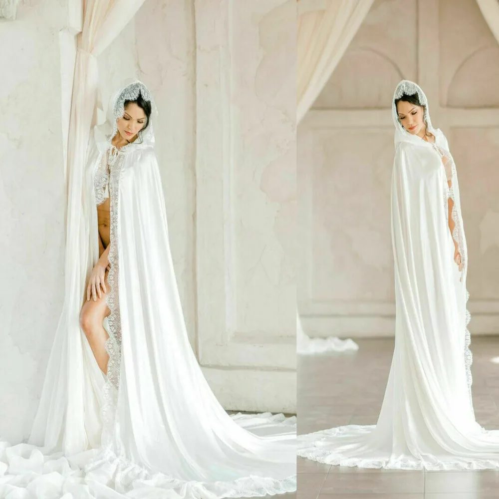 New White Ivory Long Wedding Jackets Lace Top With Hood Bridal Bolero Wraps Shawl Cape Women's Accessories Custom Size Jacket