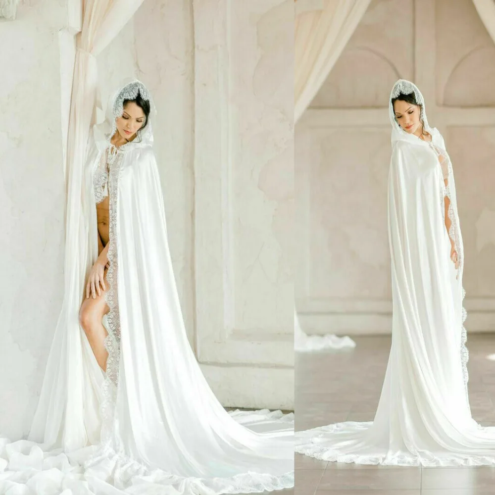 

New White Ivory Long Wedding Jackets Lace Top With Hood Bridal Bolero Wraps Shawl Cape Women's Accessories Custom Size Jacket