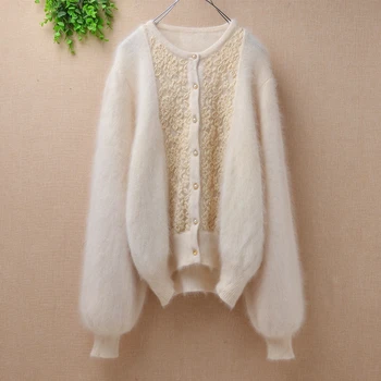 

Ladies women tops loose plush floral lace angora rabbit fur knitted woolen long lantern sleeve cardigan sweater mink coat winter