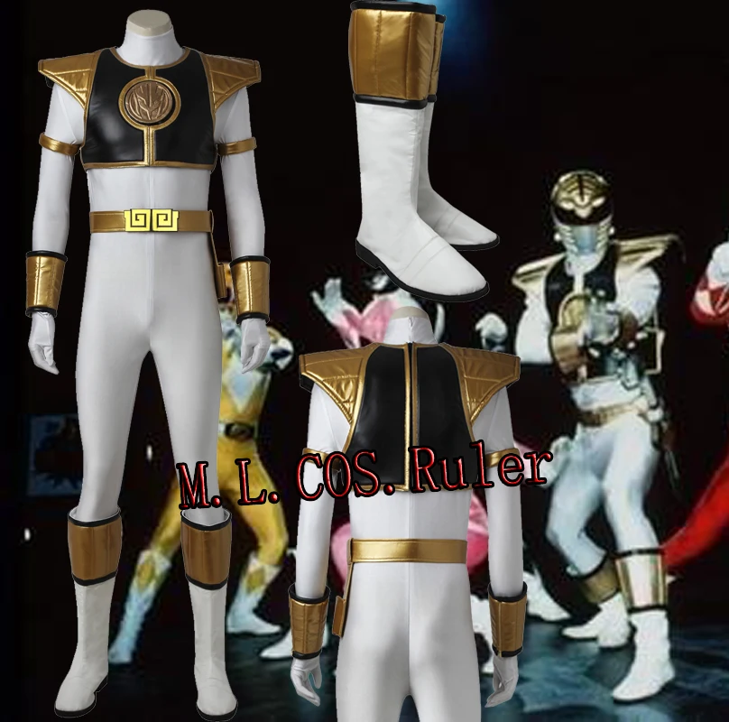 Высокое качество, Cos Zyuranger Mighty Morphin, костюм для косплея, костюм белого рейнджера, полный костюм с сапогами, Хэллоуин, все размеры