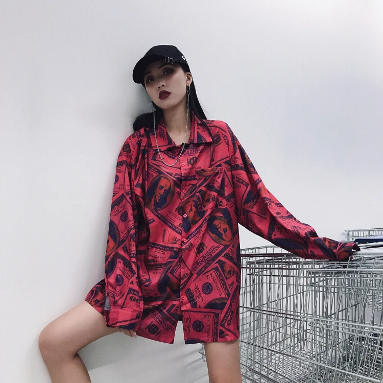 

Plus Size Loose Oversized Long Sleeve Dollar Print Blouse Streetwear Hiphop Women/Men Korean Shirt Long Top Harajuku Vintage Top