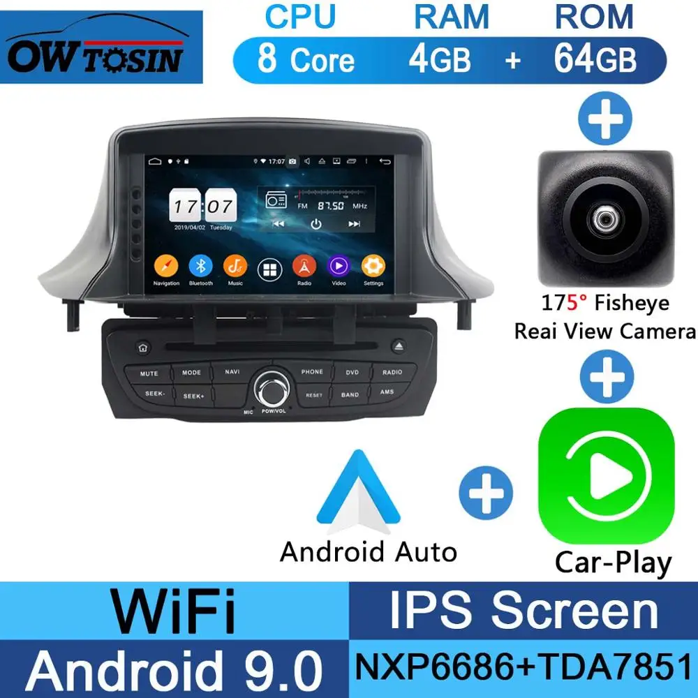 " ips 8 Core 4G ram+ 64G rom Android 9,0 автомобильный dvd-радио GPS для Renault Megane III Fluence 2009- DSP CarPlay Parrot BT стерео - Цвет: Fisheye Carplay n A