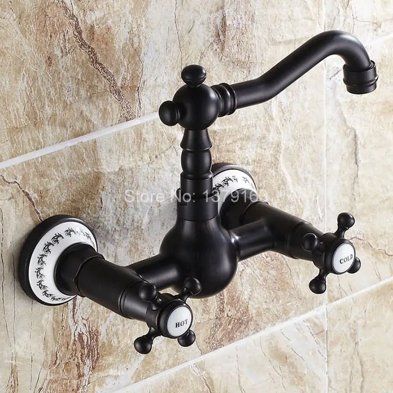 Black Oil Rubbed Bronze Wall Mounted Dual Cross Handles Swivel Kitchen Bathroom Sink Basin Faucet Mixer Tap aan013
