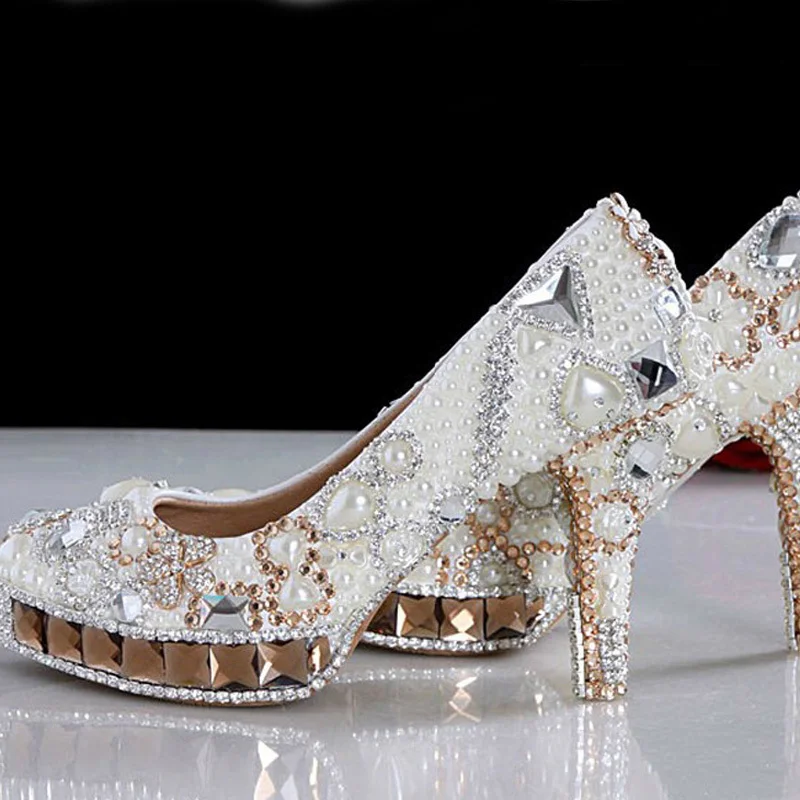 White Ivory Crystal Pearl Round Toe Bridal Wedding Shoes Diamond High Heel Women Dress Shoes Gorgeous