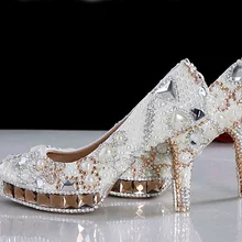 White Ivory Crystal Pearl Round Toe Bridal Wedding Shoes Diamond High Heel Women Dress Shoes Gorgeous