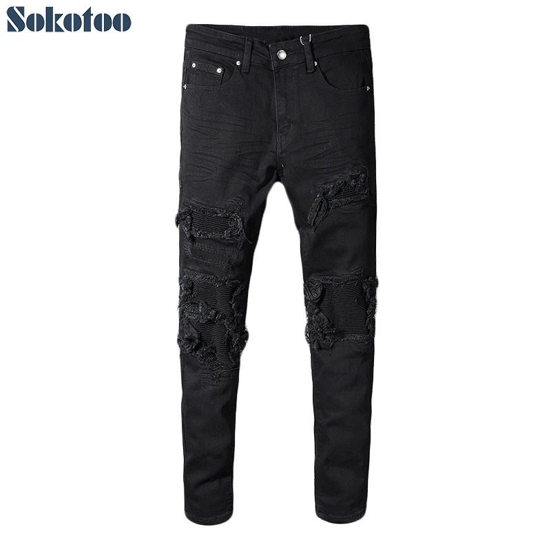 Sokotoo Men's black patchwork stretch denim biker jeans for motorcycle Slim fit skinny ripped pencil pants