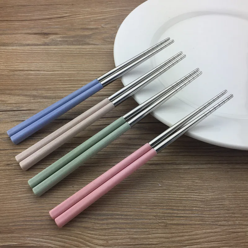 

1 Pair Stainless Steel Chinese Chopsticks 4 Color Wheat Straw Coated Portable Travel Chopsticks Reusable Food Sticks For Sushi