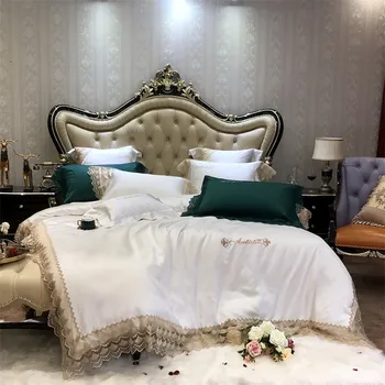 

Silk Satin Cotton Duvet cover with Big Lace White Blue Bedding Silky Ultra Soft Luxuious 4/7-Pcs King Queen size Bedding sets