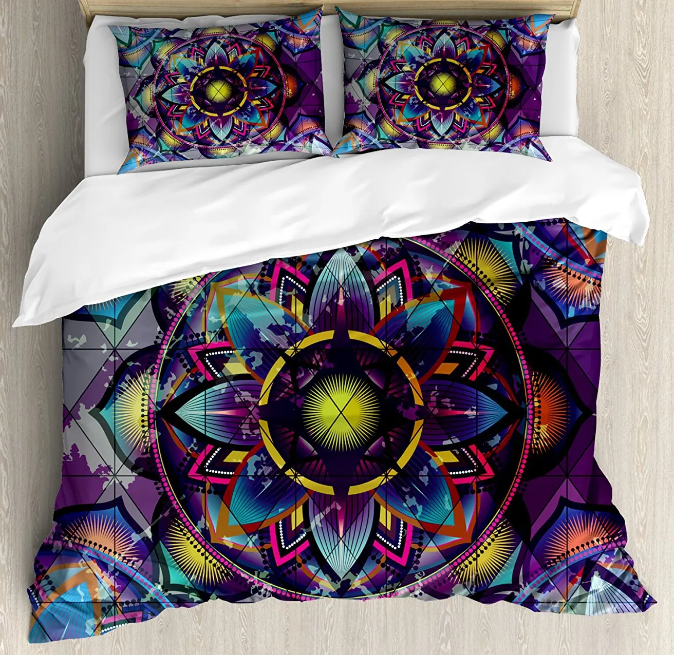 

Duvet Cover Set, Psychedelic Surreal Sacred Geometry Mandala Background with Futuristic Effects Print, 4 Piece Bedding Set