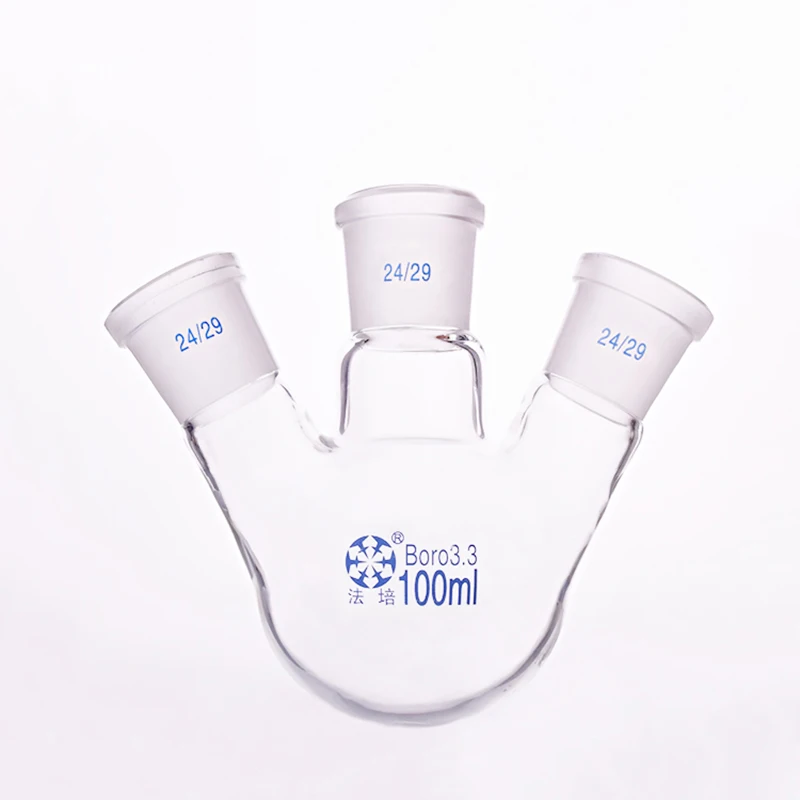 

Three-necked flask oblique shape,with three necks standard grinding mouth,Capacity 100ml,Middle joint 24/29,lateral joint 24/29