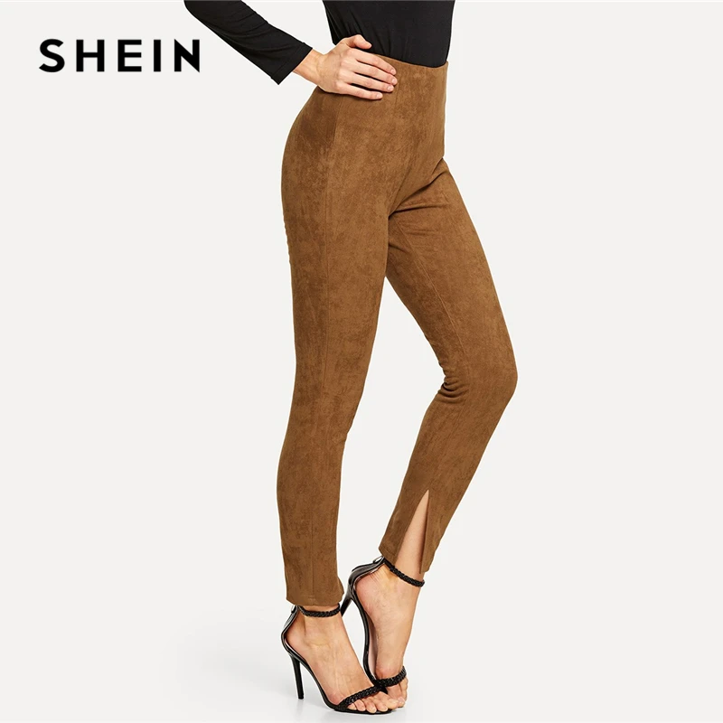 SHEIN Brown Split Hem Suede Leggings Elegant Casual Soild Modern Lady