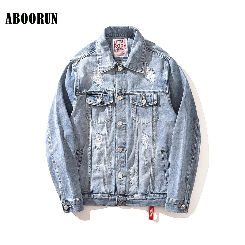 ABOORUN High Quality Mens Cotton Denim Jackets Hip Hop Oversized Hole