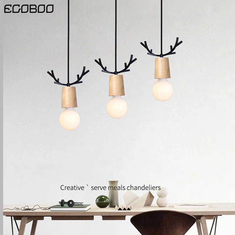 EGOBOO Modern Wood Pendant Light Iron Minimalist Retro Loft 1/3/5 Heads Pendant Lamp Metal Hanging Lamp E27 Indoor