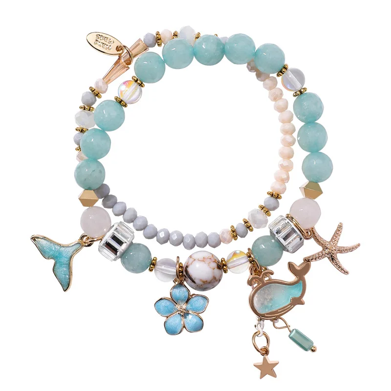 

2018 Sweet Ethnic Vintage Double Layer Crystal Beaded Whale Tail Flower Starfish Pendant Charm Bracelet for Women Girls Jewelry