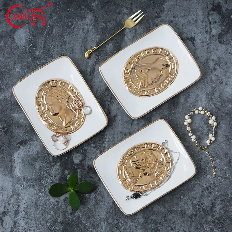 

Nordic Gold Emboss Avatar Trinket Dish Ceramic Handmade Vanity Tray Jewelry Display Holder Bathroom Dresser Storage Organizers