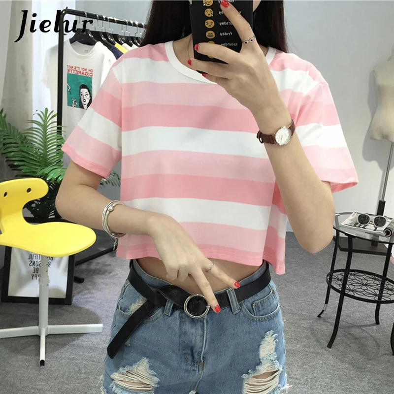 Jielur Summer Crop Top Short Sleeve Streetwear Fashion Pink Striped T Shirt Women O-neck S-XL Sexy Sweet Kpop 2019 T-shirt Femme Jielur Summer Crop Top Short Sleeve Streetwear Fashion Pink Striped T Shirt Women O-neck S-XL Sexy Sweet Kpop 2019 T-shirt Femme