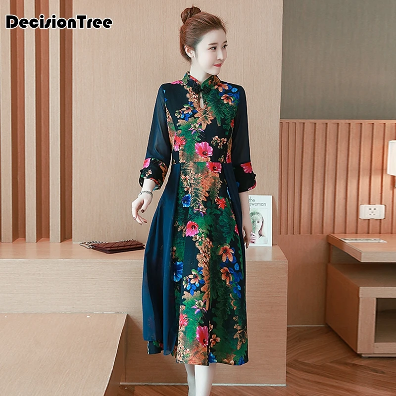 

2021 retro vestido chinese qipao dress long traditional mandarin collar women chinese dress vestidos flower printed cheongsam
